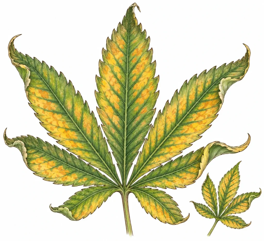 Molybdenum deficiency cannabis leaf with yellow-orange blotches between green veins and upward-curling edges