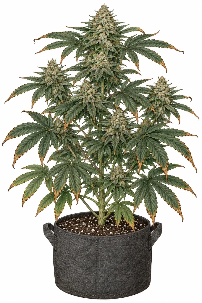 Dark green cannabis leaves with burnt tips, a sign of phosphorus toxicity cannabis growers often miss