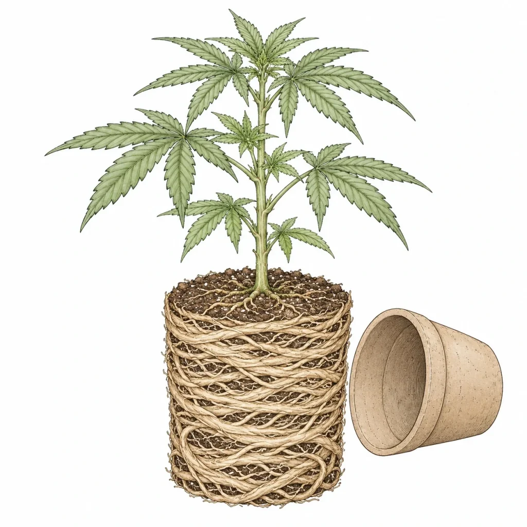 Root bound cannabis plant pulled from its pot, with dense roots circling the walls of the root ball