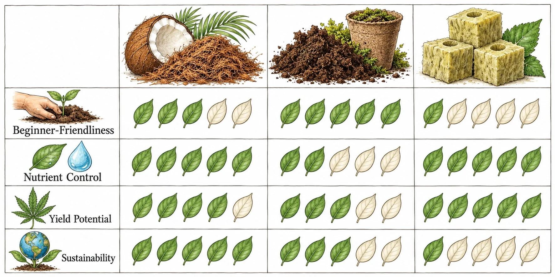Growing medium comparison of coco, peat and rockwool: ratings by criteria