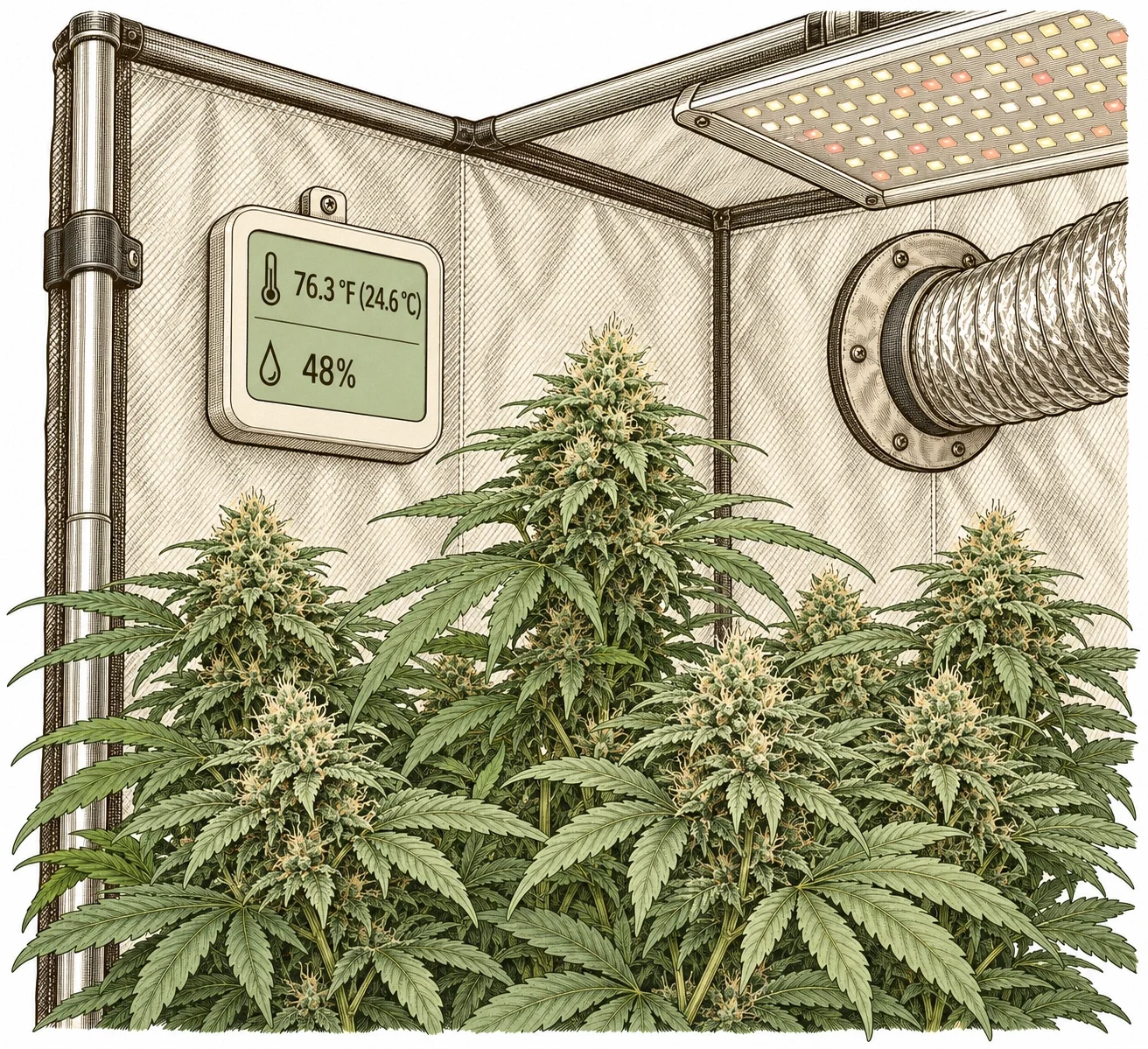 Thermometer next to a healthy cannabis plant in a grow tent