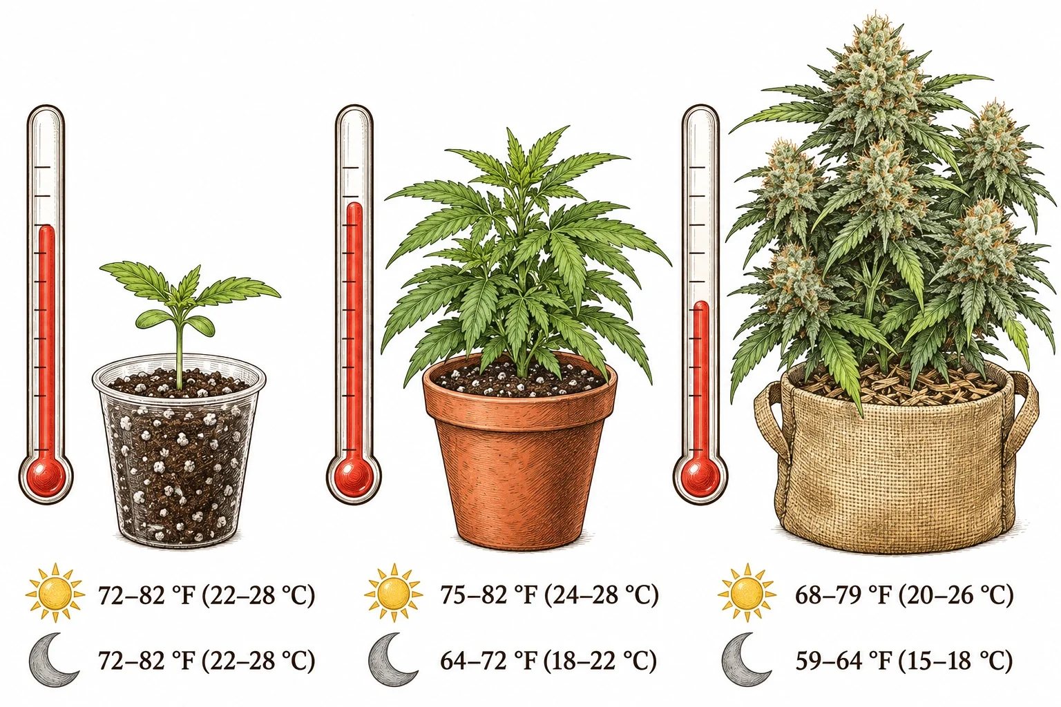 Cannabis temperature ranges by growth stage: germination, vegetative stage, flowering