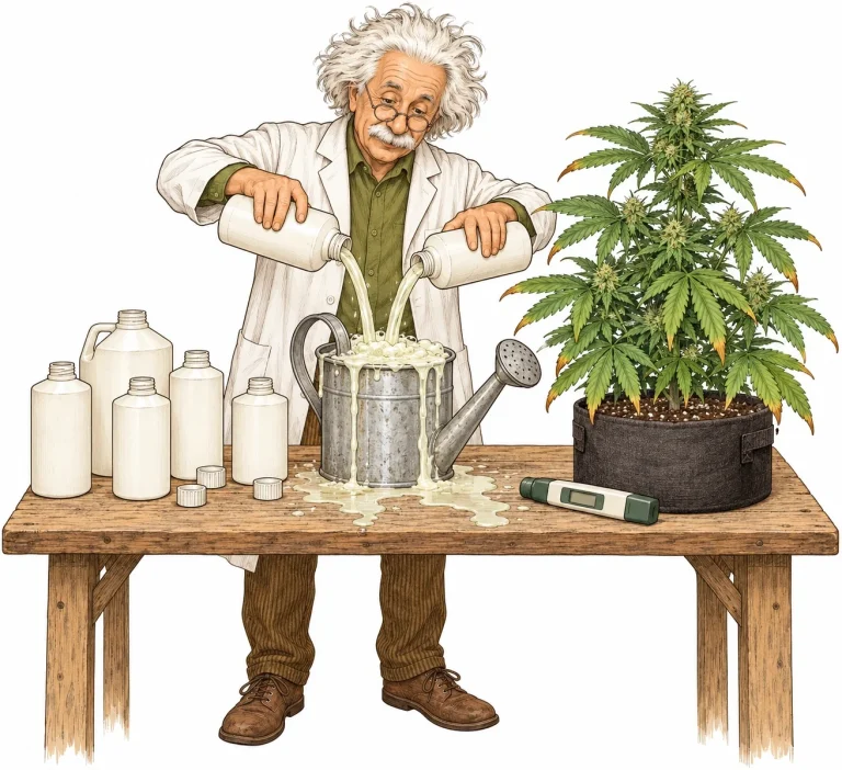 A grower generously pours nutrients from several bottles into a watering can next to a cannabis plant