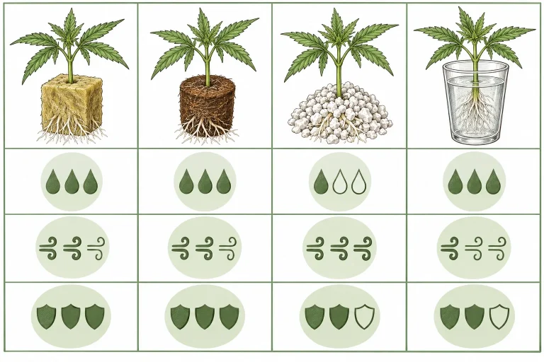 Comparison chart of growing media for rooting clones: rockwool, coco coir, perlite and water compared by moisture, aeration and rooting success